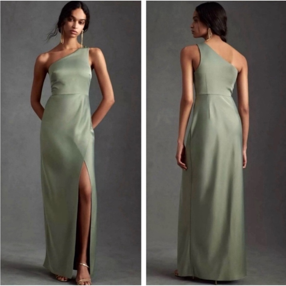 BHLDN Anthropologie Dylan One Shoulder Satin Side Slit Gown Green NEW Size 6 - Picture 10 of 13